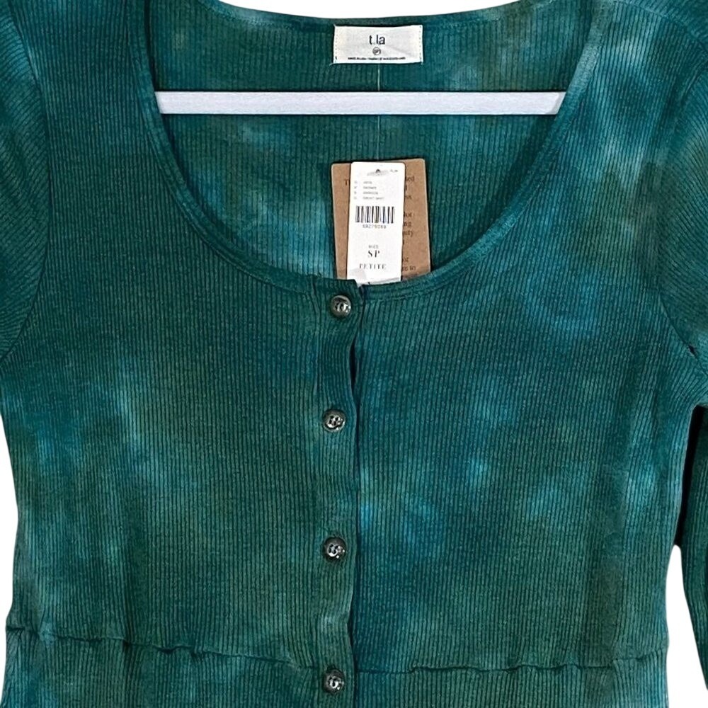 T.La Anthropologie Green Tie Dye Ribbed Button Down‎ Midi Dress SP Petite - Picture 3 of 5
